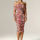 Hayley Off-Shoulder Mesh Midi Dress (Crimson Garden)