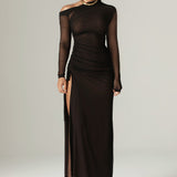 Dua Organza Ruched Mesh Cut Out Maxi Dress (Black)