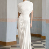 Catherine White Asymmetrical Pleated Maxi Dress