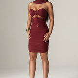 Bellucci Pleated Shawl Neckline Ruched Midi Dress (Burgundy)