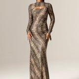 Dorty Sequins Mesh Maxi Dress (Snake Print)