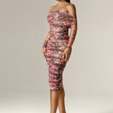 Hayley Off-Shoulder Mesh Midi Dress (Crimson Garden)