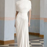 Catherine White Asymmetrical Pleated Maxi Dress