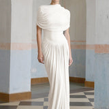 Catherine White Asymmetrical Pleated Maxi Dress