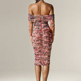 Hayley Off-Shoulder Mesh Midi Dress (Crimson Garden)