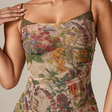 Evita Ruched Mesh Corset Maxi Dress (Garden Muse)