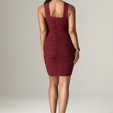 Bellucci Pleated Shawl Neckline Ruched Midi Dress (Burgundy)