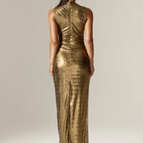 Doreena Metallic Ruched Maxi Dress (Gold)