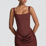 Paulette Brown Ruched Bodycon Mini Dress