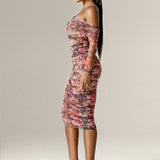 Hayley Off-Shoulder Mesh Midi Dress (Crimson Garden)