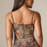 Evita Ruched Mesh Corset Maxi Dress (Garden Muse)