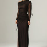 Dua Organza Ruched Mesh Cut Out Maxi Dress (Black)