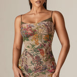 Evita Ruched Mesh Corset Maxi Dress (Garden Muse)