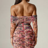 Hayley Off-Shoulder Mesh Midi Dress (Crimson Garden)