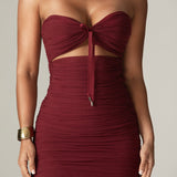 Bellucci Pleated Shawl Neckline Ruched Midi Dress (Burgundy)
