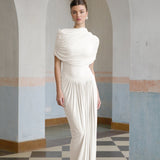 Catherine White Asymmetrical Pleated Maxi Dress