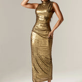 Doreena Metallic Ruched Maxi Dress (Gold)