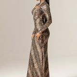 Dorty Sequins Mesh Maxi Dress (Snake Print)