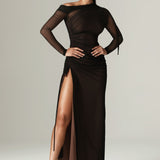 Dua Organza Ruched Mesh Cut Out Maxi Dress (Black)