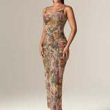Evita Ruched Mesh Corset Maxi Dress (Garden Muse)