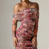 Hayley Off-Shoulder Mesh Midi Dress (Crimson Garden)