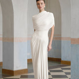 Catherine White Asymmetrical Pleated Maxi Dress