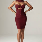 Bellucci Pleated Shawl Neckline Ruched Midi Dress (Burgundy)
