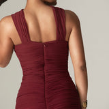 Bellucci Pleated Shawl Neckline Ruched Midi Dress (Burgundy)
