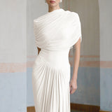 Catherine White Asymmetrical Pleated Maxi Dress