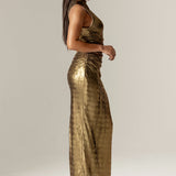 Doreena Metallic Ruched Maxi Dress (Gold)