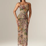 Evita Ruched Mesh Corset Maxi Dress (Garden Muse)