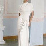 Catherine White Asymmetrical Pleated Maxi Dress