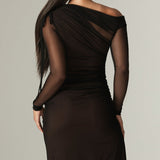 Dua Organza Ruched Mesh Cut Out Maxi Dress (Black)