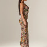 Evita Ruched Mesh Corset Maxi Dress (Garden Muse)