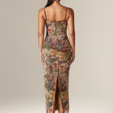 Evita Ruched Mesh Corset Maxi Dress (Garden Muse)