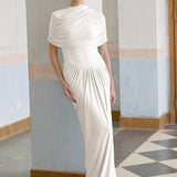 Catherine White Asymmetrical Pleated Maxi Dress