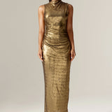 Doreena Metallic Ruched Maxi Dress (Gold)