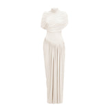 Catherine White Asymmetrical Pleated Maxi Dress