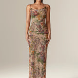 Evita Ruched Mesh Corset Maxi Dress (Garden Muse)