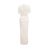 Catherine White Asymmetrical Pleated Maxi Dress